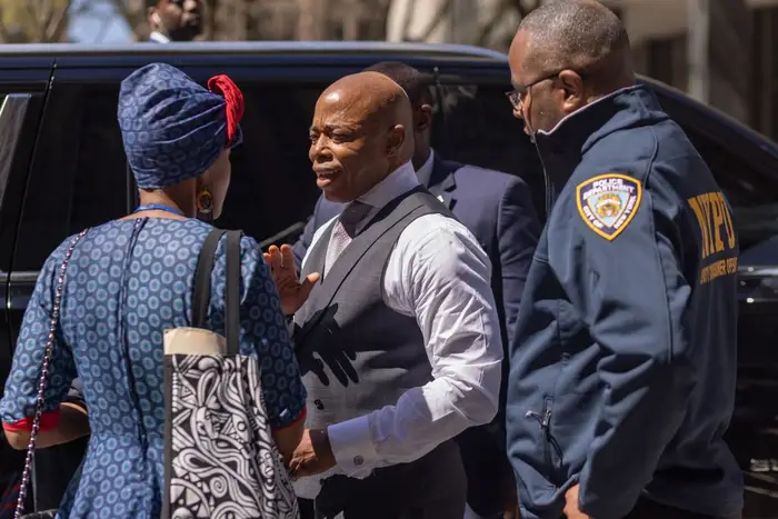 Mayor Eric Adams appears outside Manhattan Criminal Court for the second day of the trial of former U.S. President Donald Trump on April 16, 2024.